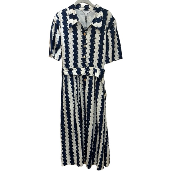 NWT L.K Bennett Calder Navy and Cream Wavy Stripe Shirt Dress in Size 14 - Picture 6 of 8